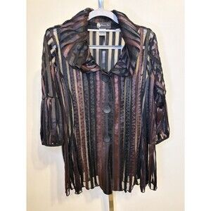 Damee Inc Jacket T Women Med Blk Burgundy Striped Sheer 3/4 Sleeves Boho Gothic